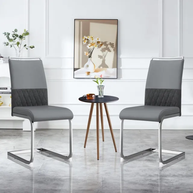 Clruro Eetkamerstoelen - 2 Stuks - Hoge Rugleuning met Streepdesign - PU-Leder en Linnen - Grijs