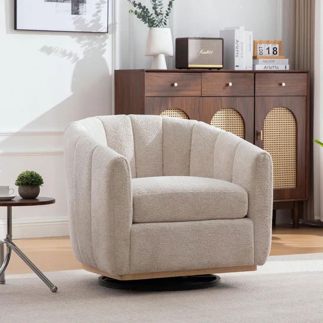 KOMHTOM BLACKCOLORS Moderne poef van chenille met metalen voet, 360° draaifunctie, gestoffeerde fauteuil met pompons, clubfauteuil in pompoenvorm voor woonkamer, familiekamer, slaapkamer, lounge, BEIGE