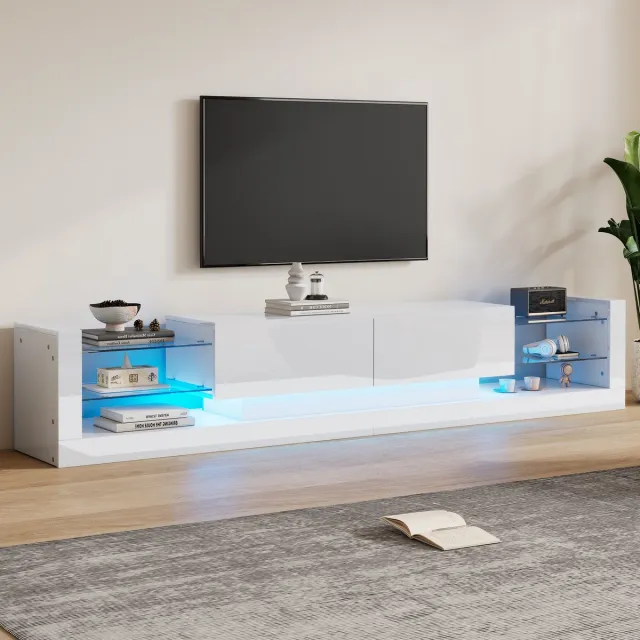 Wishdor Tv-Meubel Met Ledverlichting - Hoogglans Met Glasfront - 2 Kleplades - Spaanplaat - Wit - 181 x 38 x 38 cm