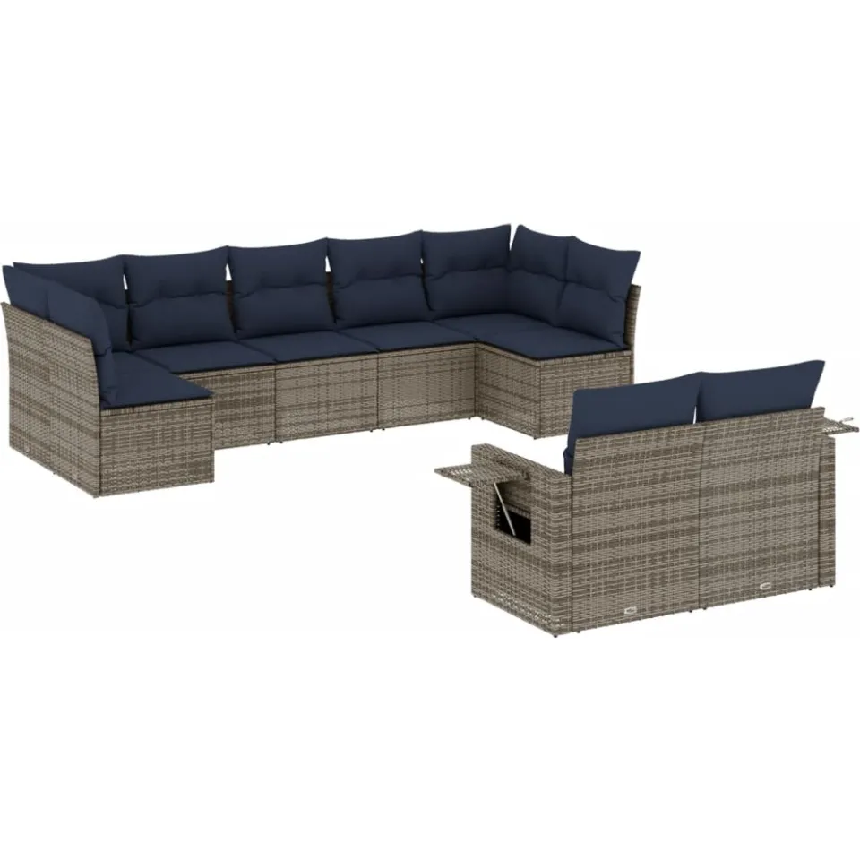 vidaXL 9-delige tuinbankset met kussens, grijs polyrotan, foto 3