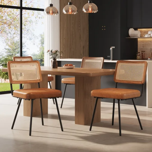 MODFU Eetkamerstoel - Ergonomisch En Retro - Voor Eetkamer - Metaal En Kunstleer - Bruin - 61 X 46 X 79 Cm
