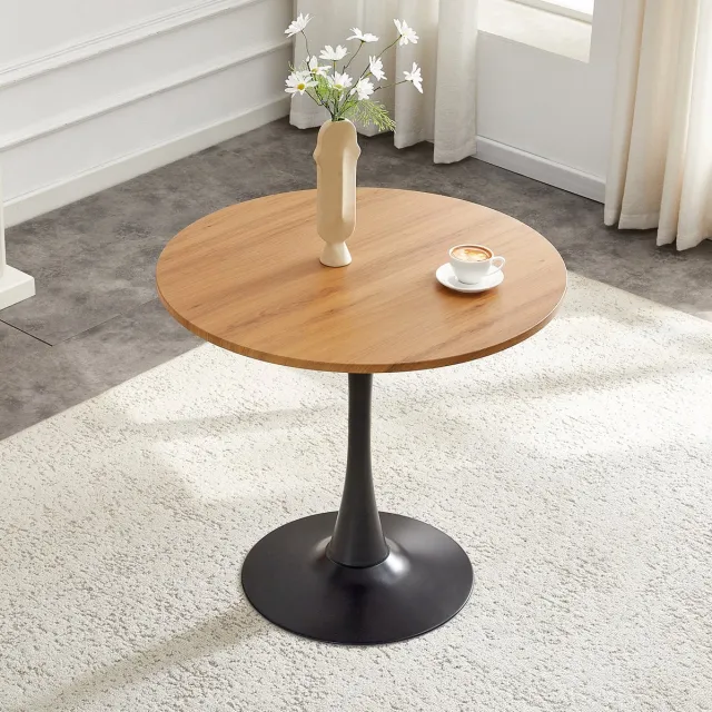 REDOM Ronde eettafel - Tulpenvormige metalen voet - MDF tafelblad - Moderne stijl - Keuken en woonkamer - Houtkleur - 80 x 80 x 76 cm