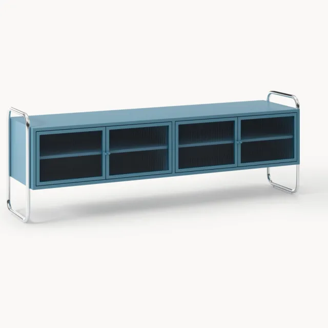 Westwing Collection Metalen tv-meubel Robyn met glazen front Blauw, Zilverkleurig