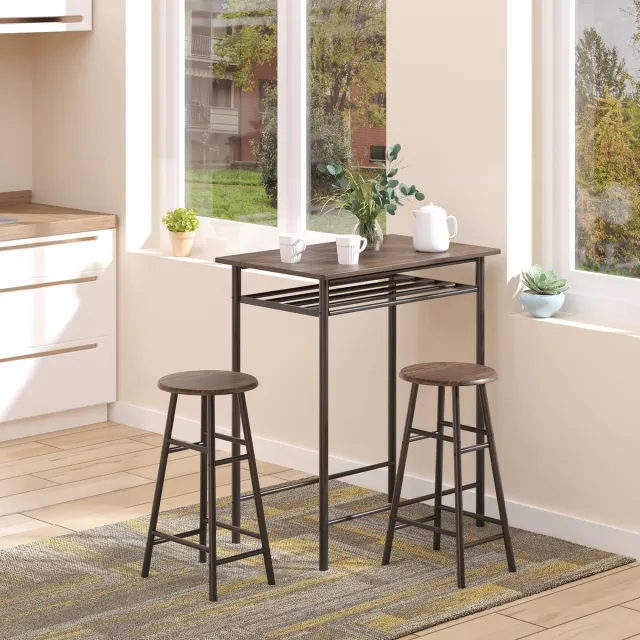 OKWISH Barkruk Set - Bartafel Met 2 Barkrukken - 80 x 50 x 90 cm - Met Opbergplank - Industrieel Voor Keuken en Eethoek - MDF Zwart Black