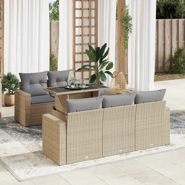 vidaXL 6-delige Loungeset met kussens poly rattan beige, foto 2