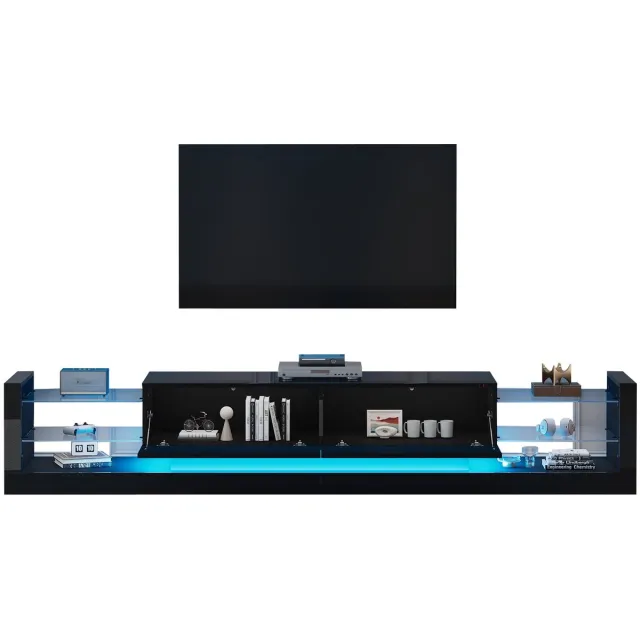 Merax TV-Meubel 181 cm - Geschikt voor TV’s tot 80 Inch - Hoogglans Zwart met Glasfront en LED-Verlichting - Met Twee Klapladen