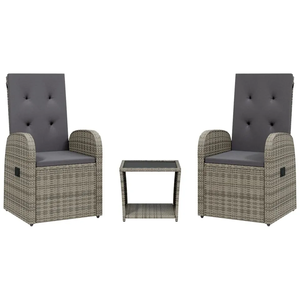 vidaXL 3-delige Tuinset met kussens poly rattan grijs