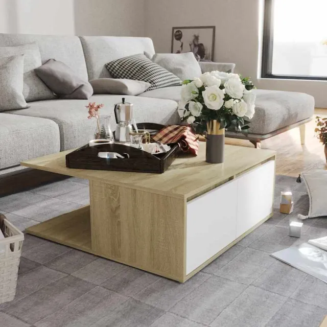 vidaXL Salontafel 80x80x31 cm bewerkt hout wit en sonoma eikenkleurig, foto 2
