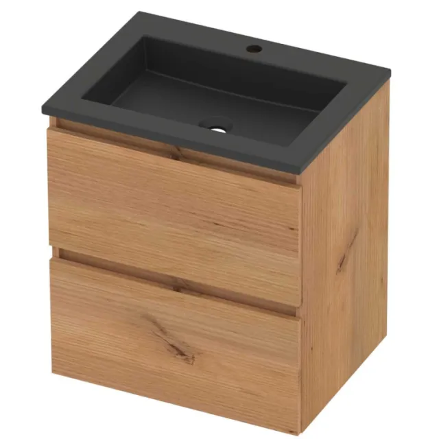 Basic-Line Aura 46 Badmeubelset Acryl 1 Kraangat Greeploos 60x46x62 cm Whisky Oak Mat Zwart