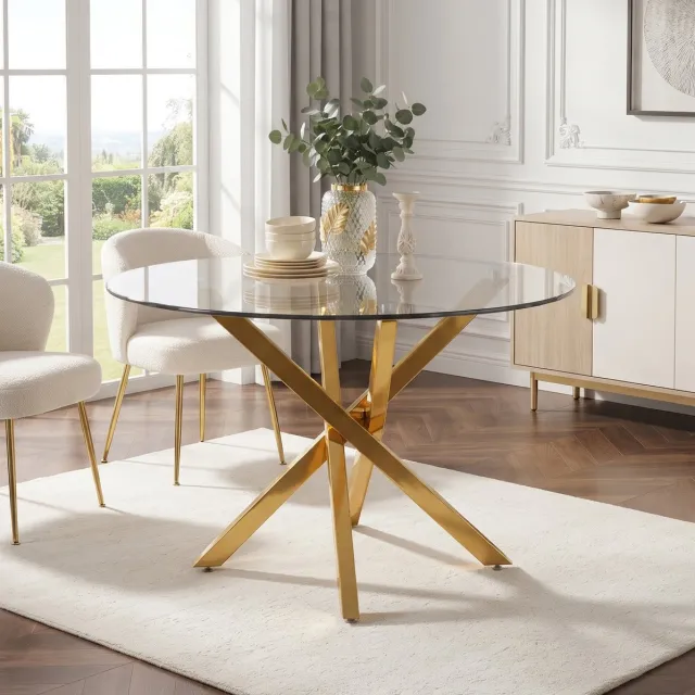 REDOM Eettafel - Rond 80 cm tafelblad - X-poot constructie - Modern minimalistisch - Eetkamer, keuken, woonkamer - Gehard glas en metaal - Goud - 80 x 80 x 75 cm Gold+Glass