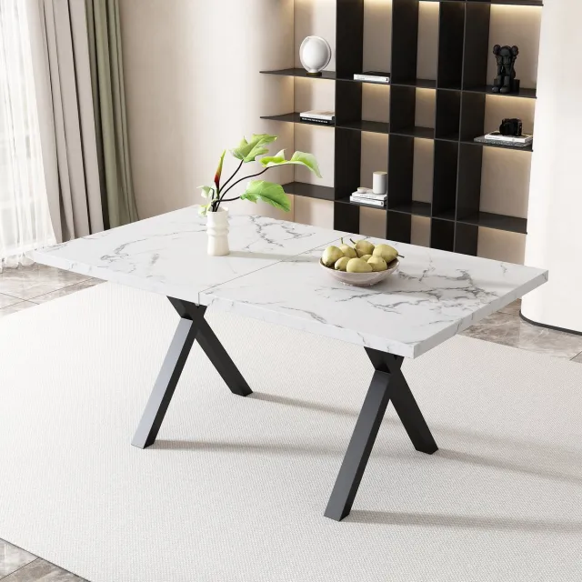 HAUSS SPOLE Eettafel - Rechthoekig Met Kruisbeen En Marmerstructuur - Multifunctioneel Voor Woonkamer Als Eet- Of Salontafel - MDF En Staal - 140x80x76 Cm - Wit