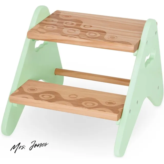 Mrs. Jones Stabiele opstapkruk voor kinderen van hout kruk met 2 treden kindermeubel muntkleurig voor badkamer-keuken-kinderkamer vanaf 2 jaar klein. . multi-color