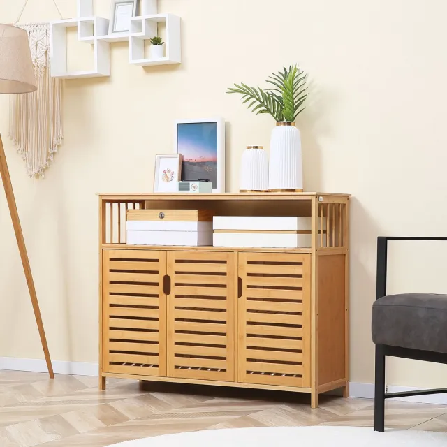 AURA LUMEN Buffetkast-Buffet opbergmeubel 3 deuren en planken van bamboe-100x35x82 cm-natuurlijke kleur Natuurlijk hout