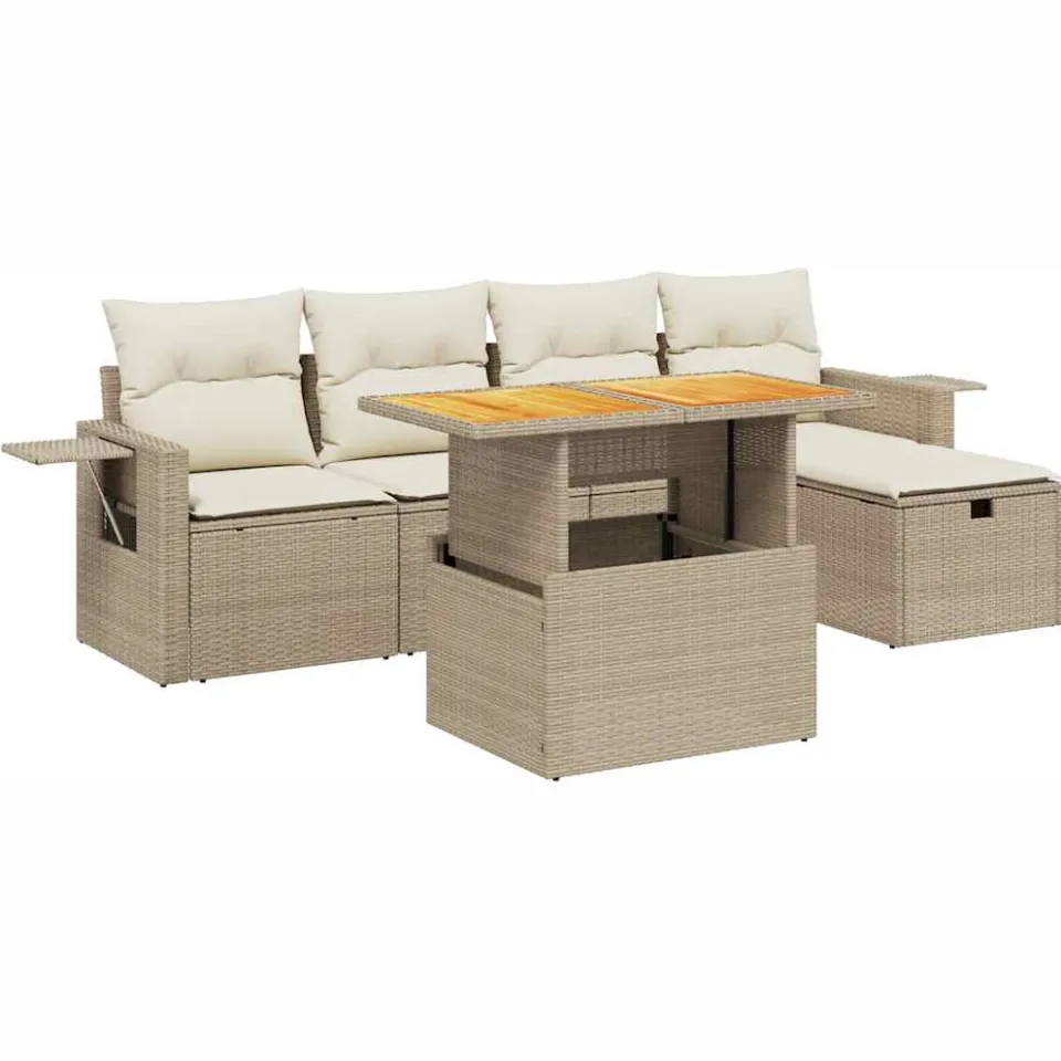 vidaXL 6-delige Loungeset met kussens poly rattan beige, foto 3