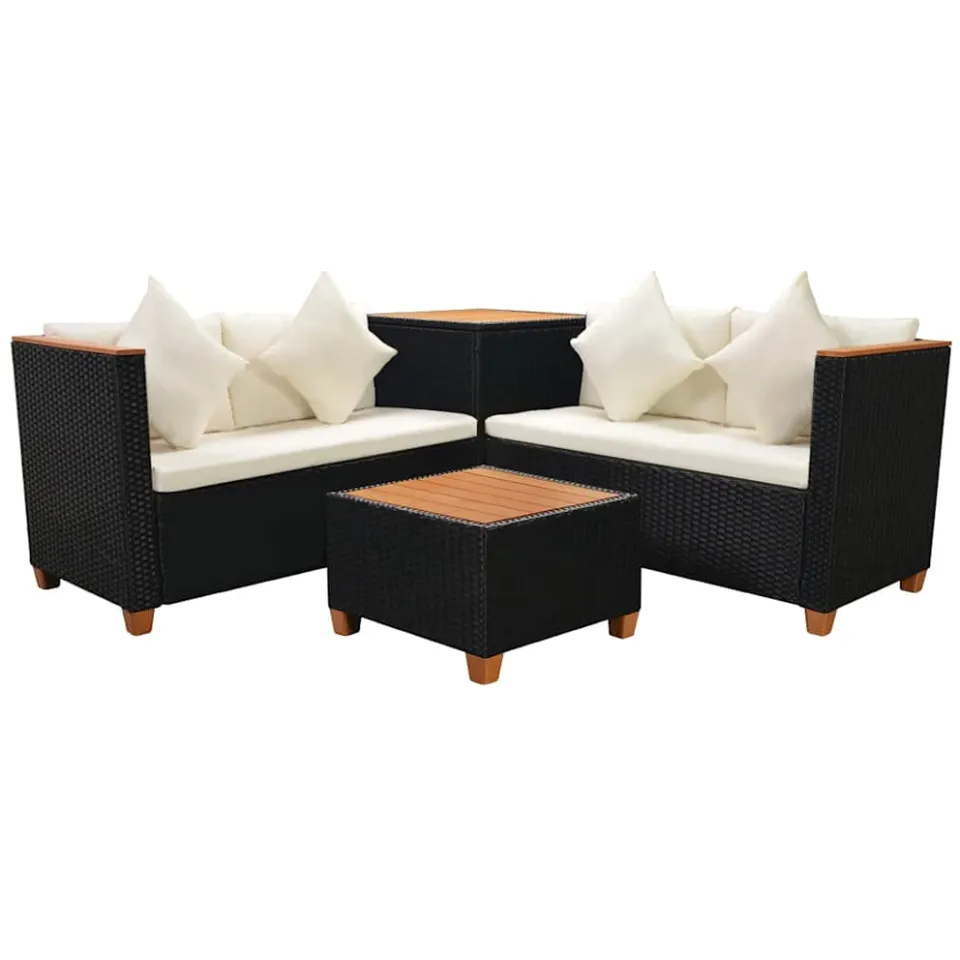 vidaXL 4-delige Loungeset met kussens poly rattan zwart