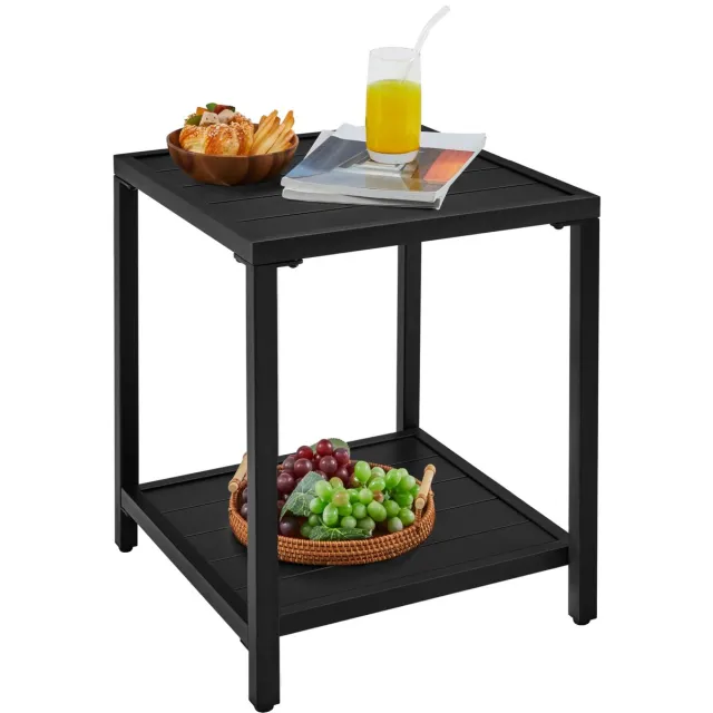 Famanu Dubbellaagse tuintafel van metaal, vierkante bijzettafel voor buiten, 45 x 45 x 54 cm, zwart, perfect voor tuin en terras