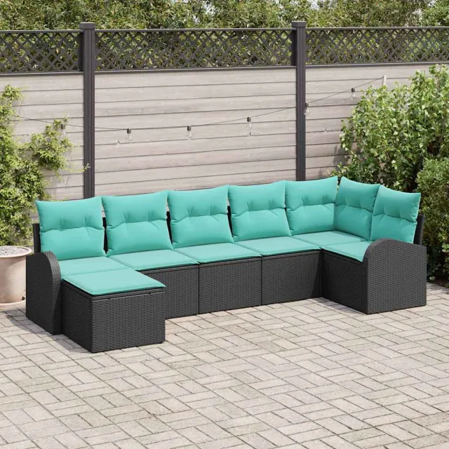vidaXL Bankstel 7 st Zwart en Turquoise poly rattan, foto 2