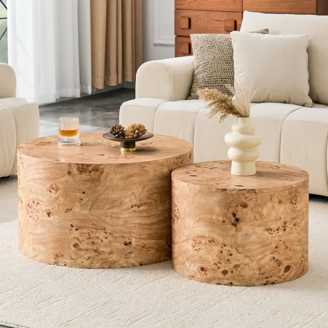 OKWISH Salontafel – 2-delige Ronde Nesting Tafelset – Met Opbergruimte En Afneembaar Deksel – Woonkamer – Houtlook MDF – 62,8 cm Wood