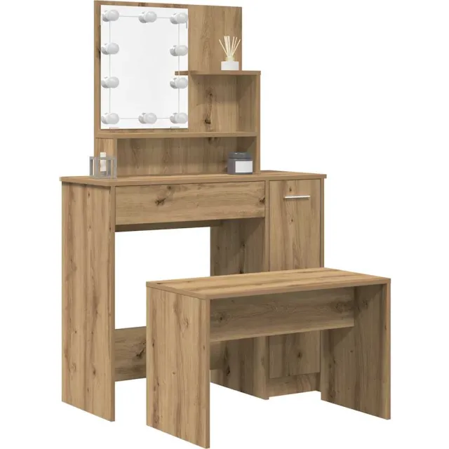 vidaXL Kaptafelset met LED-verlichting bewerkt hout oud houtkleurig Bruin