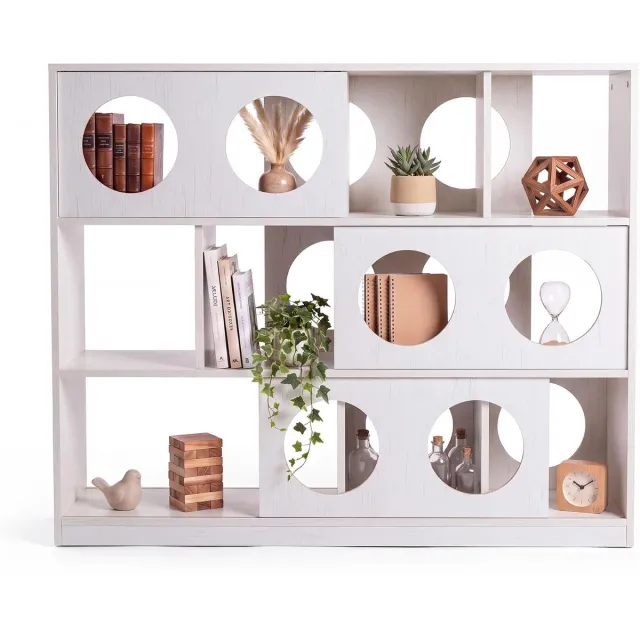 Triumpunpre Boekenkast met 3 planken - Kinderboekenkast voor de slaapkamer - Moderne geometrische boekenkast - Ontwerp met ronde uitsparingen - Wit
