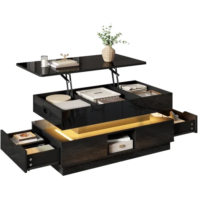 Clruro Salontafel - Hoogte Verstelbaar met LED-verlichting - Stopcontact en Laden - Hoogglans MDF - Wit Zwart