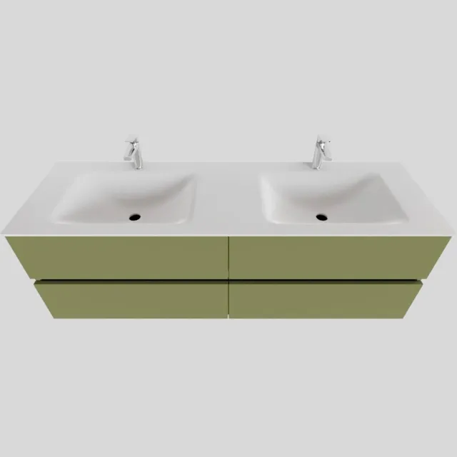 Boss & Wessing Badkamermeubel Solid Surface BWS Oslo 200x46 cm Mat Groen Wasbak Dubbel (2 kraangaten, 4 lades)
