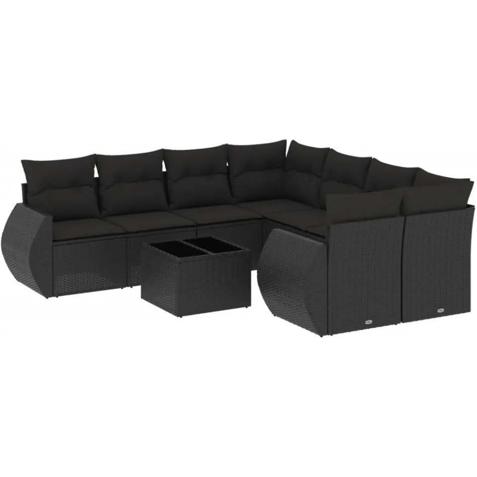 vidaXL 9-delige Loungeset met kussens poly rattan zwart, foto 3