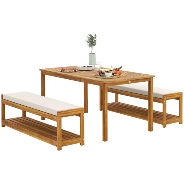 ZYLARO Houten Biertafel met 2 Banken & Parasolgat - 3-delige Biertafelset met Tafel & 2 Bierbanken - Tuintafel - Bierbank - Picknicktafel - Biertentset - Tuinset - voor Terras, Balkon, Tuin, Camping - 150 cm lang - Teakhout Teak + Grijs