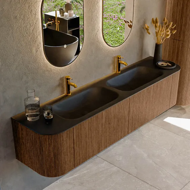 Mondiaz KURVE-DLUX 190 cm Onderkast Greeploos 2 Lades Met Deuren Walnut, Wastafel Solid Surface Dubbel Lava 2 Kraangaten Zonder Spiegel (KRVSTS190L+R2L2D2KD-Wal/Lav)