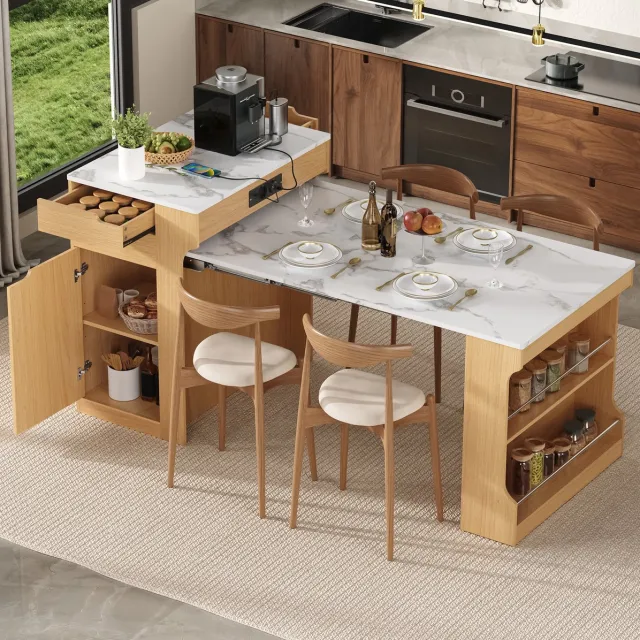 FloraGrace Eettafel - Uitschuifbare Keukeneilandtafel Met Stopcontacten En 2 Lades - Voor Keuken En Eetkamer - Houtkleur Wit - 153x80x93 Cm Natural