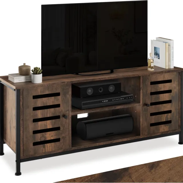 Tectake TV-meubel - TV Kast met 2 Deuren en 2 Vakken - Lowboard voor TV's tot 55 Inch - Houten TV-dressoir met kabeluitsparingen - Industrieel design - Zwart metalen frame - Afmeting (LxBxH) 110 x 41,5 x 50,5 cm - Donkerbruin