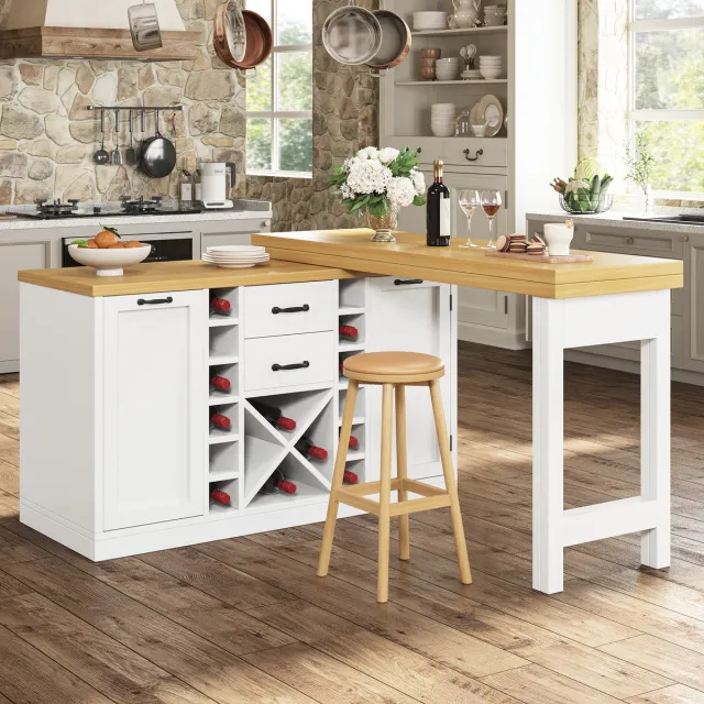 MEUNIQ Eettafel en keukeneiland 120-223 x 40 x 73,8 cm met 360° draaibaar tafelblad, 2 lades, wijnrek, afvalbakhouder en opbergruimte voor keuken en eetkamer, wit