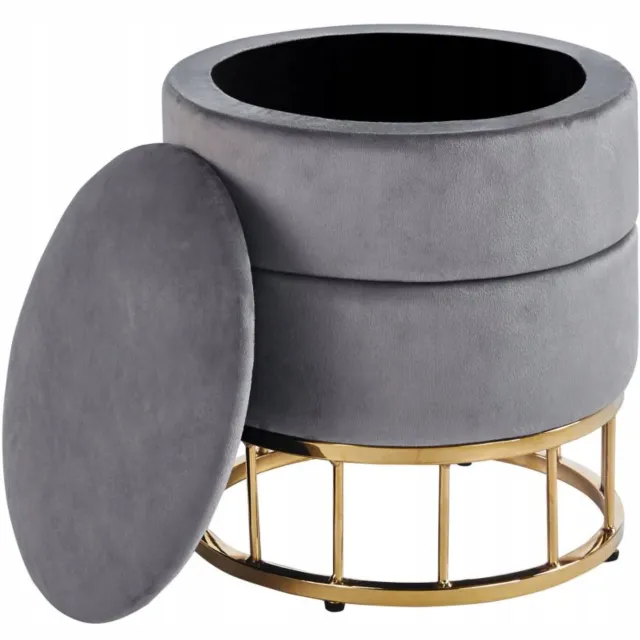 Furnitex P3-FX (G) Serie - Ronde Opbergpoef - Grijze Fluwelen Bekleding - Goudkleurig Metalen Onderstel Grijs;Goud
