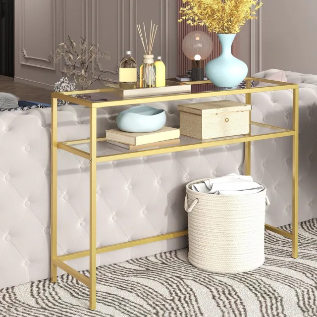 Songmics Consoletafel – Gehard glas – Goud – Modern design met 2 planken en verstelbare poten