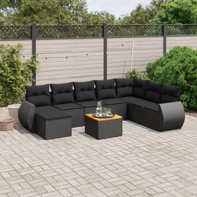 vidaXL 9-delige Loungeset met kussens poly rattan zwart, foto 2