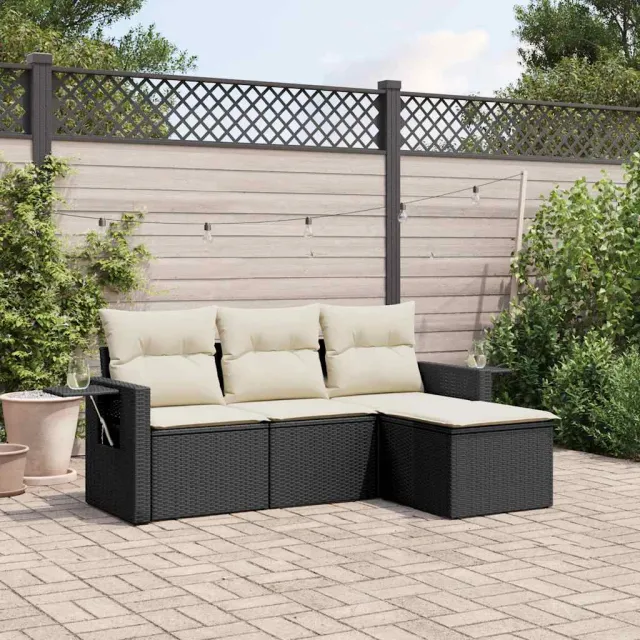 vidaXL 4-delige Loungeset met kussens poly rattan zwart, foto 2