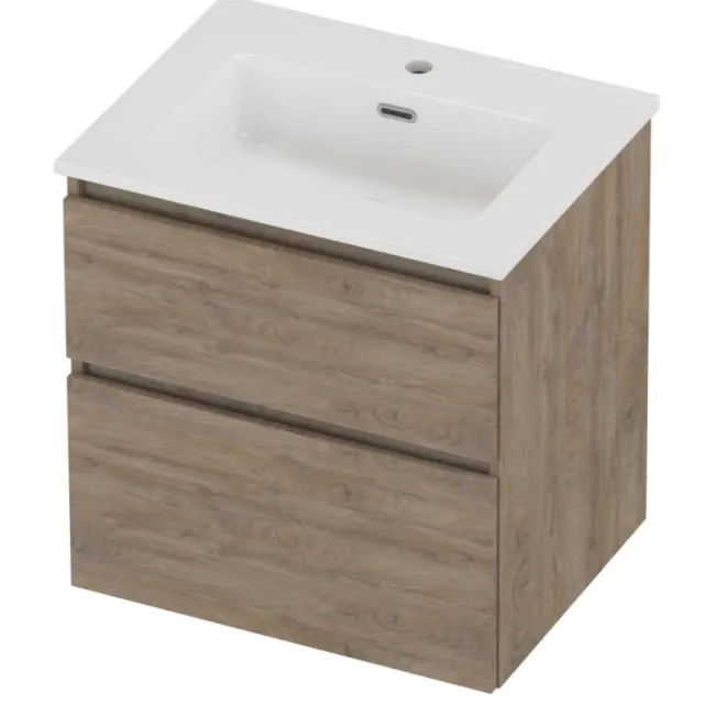 Proline Tribute Badmeubelset Porselein Elegant 1 Kraangat 60x46x62 cm Glans Wit Raw Oak Eiken