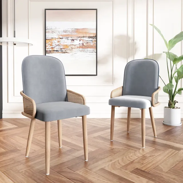 FloraGrace Eetkamerstoel Set Van 2 - Rotanlook Rugleuning - Zachte Fluwelen Zitting - Voor Eetkamer Woonkamer Slaapkamer - Metaal - Grijs