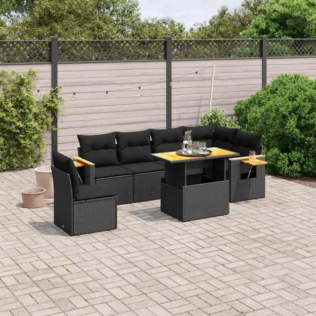 vidaXL 7-delige Loungeset met kussens poly rattan zwart, foto 2