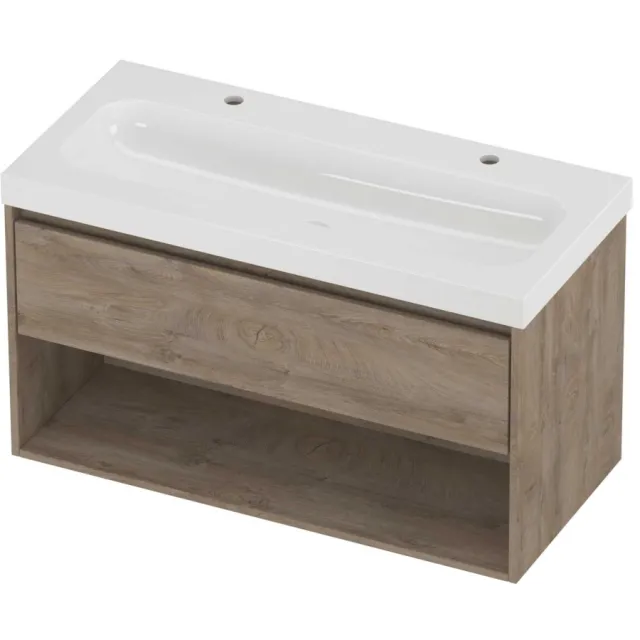 Proline Haga Badmeubelset Polystone Mezza 2 Kraangaten Met Schap 100x46x58 cm Glans Wit Raw Oak Eiken