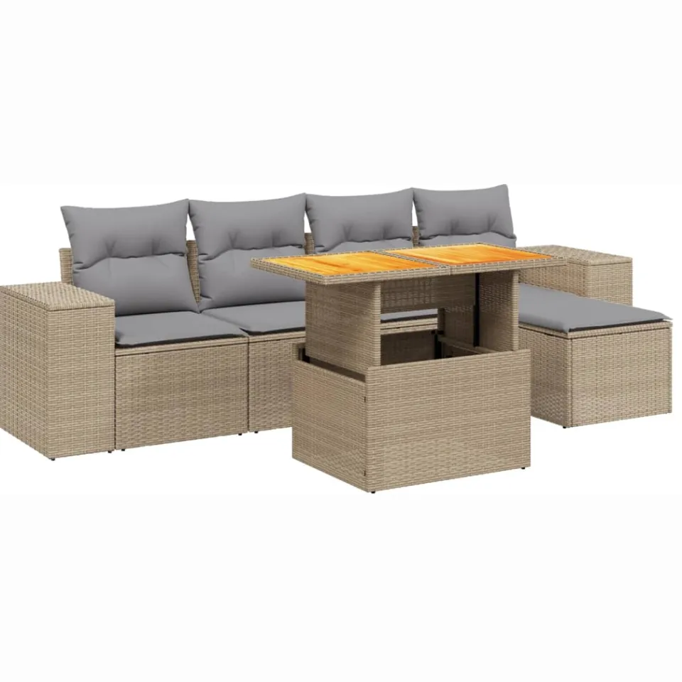 vidaXL 6-delige Loungeset met kussens poly rattan beige, foto 3