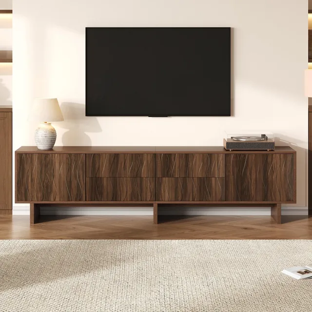 KOMHTOM TV-meubel 180*40*56 cm, 4 lades en 2 deuren, golvend motief, tv-meubel, laag meubel, woonkamermeubel, tv-meubel, geschikt voor tv's tot 75 inch, donker notenhout