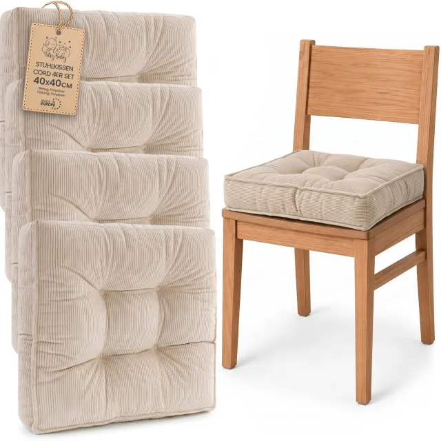 Amazinggirl Zitkussen voor Eetkamerstoel en Keukenstoel Vierkant Zacht Beige Corduroy (4 stuks)