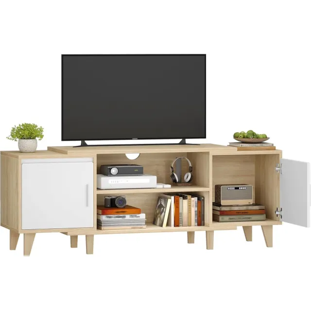 HILINSIE Tv-meubel, 140 x 40 x 51,5 cm, wit eikenhouten afwerking, voor tv's kleiner dan 65 inch, tv-standaard met 2 kastjes en 2 open planken, voor woonkamer, slaapkamer, eetkamer. Wit eikenkleurig