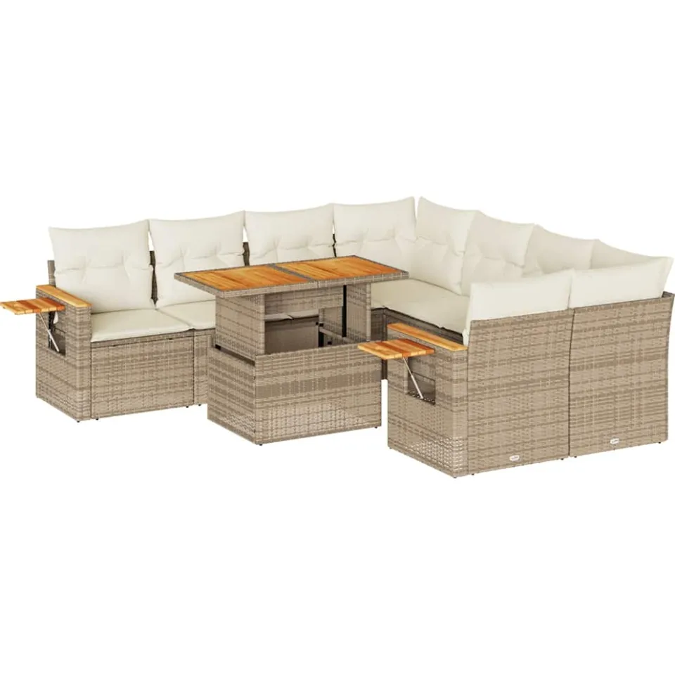 vidaXL 9-delige Loungeset met kussens poly rattan acacia beige, foto 3
