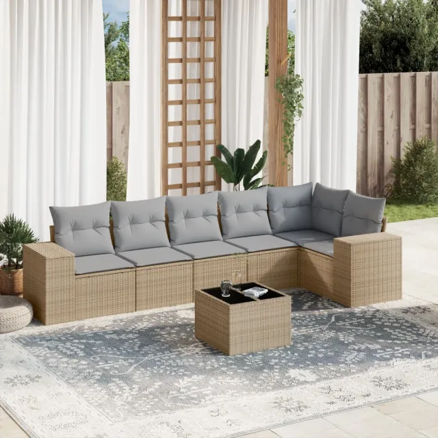 vidaXL 7-delige Loungeset met kussens poly rattan beige, foto 2