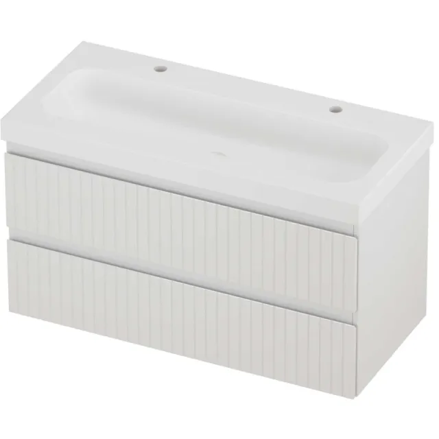 Proline Haga Badmeubelset Polystone Mezza 2 Kraangaten Gefreesd 100x46x58 cm Mat White Glans Wit