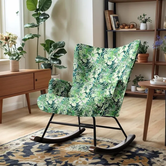 Homemiyn Schommelstoel – Linnen Look Planten Design Rocking Chair – Groene Botanische Fauteuil – Comfortabele Wipstoel met Hoge Rugleuning voor Woonkamer en Slaapkamer