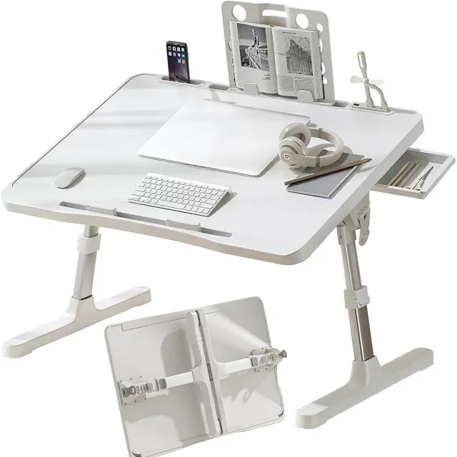 AIMASON Verstelbare Laptoptafel voor op Bed en Bank - Opvouwbare Bedtafel met USB, Lade & Boekenstandaard - Ergonomische Schoottafel - Incl. USB-Lampje & Ventilator - 5 Hoogtes & Kantelbaar - Wit Elegant Wit