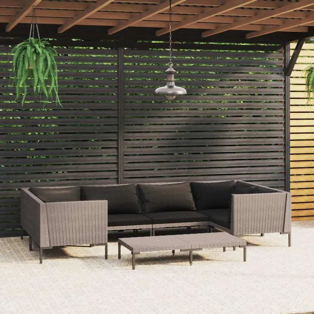 vidaXL 7-delige Loungeset met kussens poly rattan donkergrijs grijs, foto 2